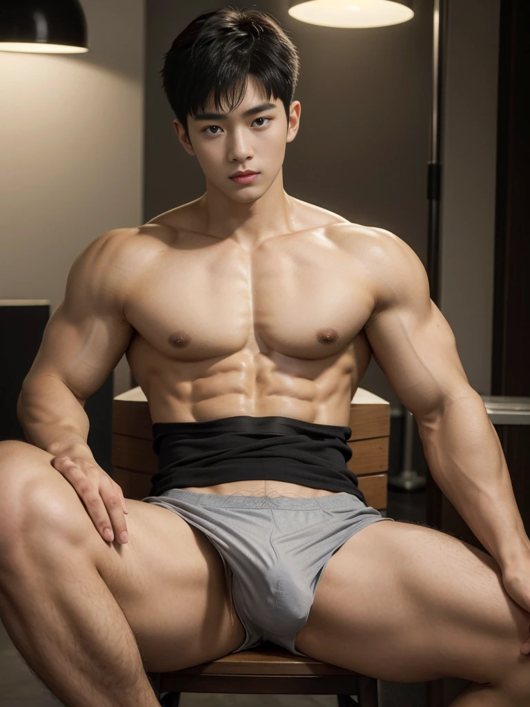 (masterpiece:1.2),18-year-old boy, Asian, Korea, gray panties, erection, abs, sitting on a stool, spread legs, looking at me, ultra-detailed, realistic, portraits, vibrant colors, studio lighting