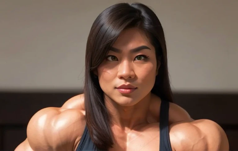 (masterpiece:1.2), (best quality), (ultra detailed), (8k, 4k, intricate),(full-body-shot:1), (highly detailed:1.2),(detailed face:1.2), (detailed background), asian muscle woman with dark hair, woman with huge muscles, stern expression, green eyes