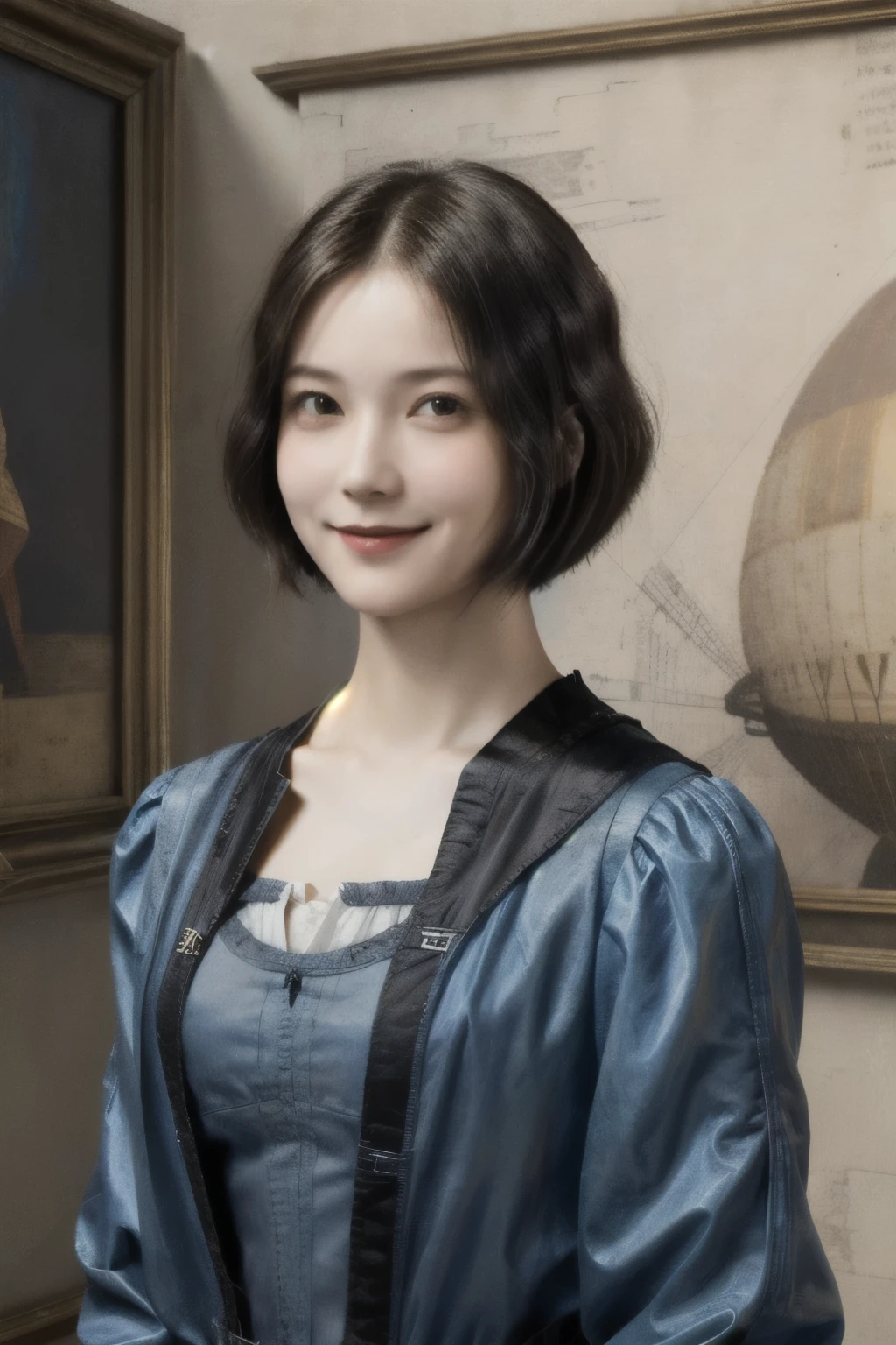 263 20-year-old female,(Short Hair 46),(chest:1.5),Old-fashioned smile,(Paintings by Leonardo da Vinci),(airship,Blueprint)