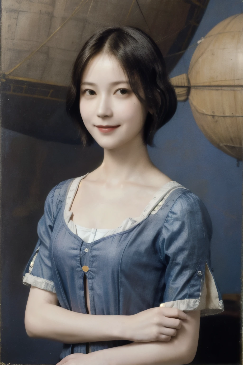263 20-year-old female,(Short Hair 46),(chest:1.5),Old-fashioned smile,(Paintings by Leonardo da Vinci),(airship,Blueprint)