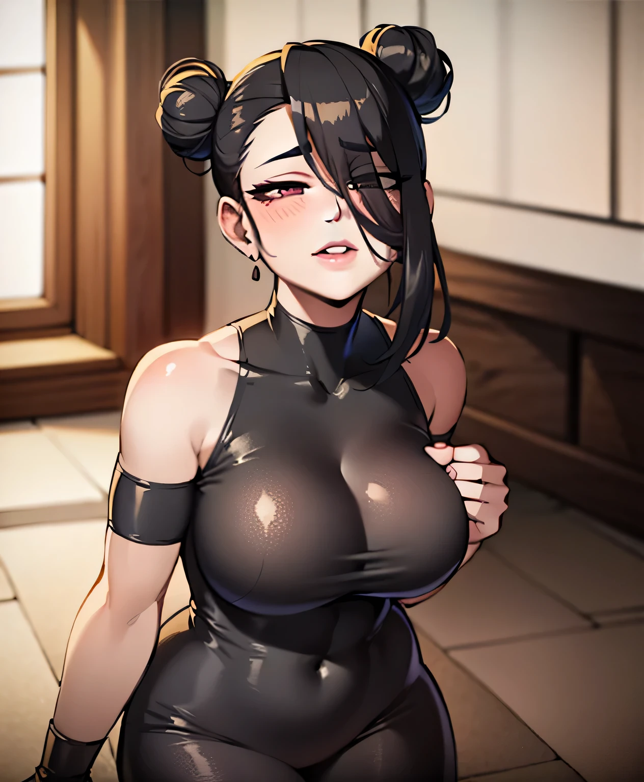 Sexy thick woman, black hair in a bun, plump face, seductive eyes, medium nose, perfect pink lips seductively parted, fairest skin, black long dress, stripping, exposing bare shoulders
