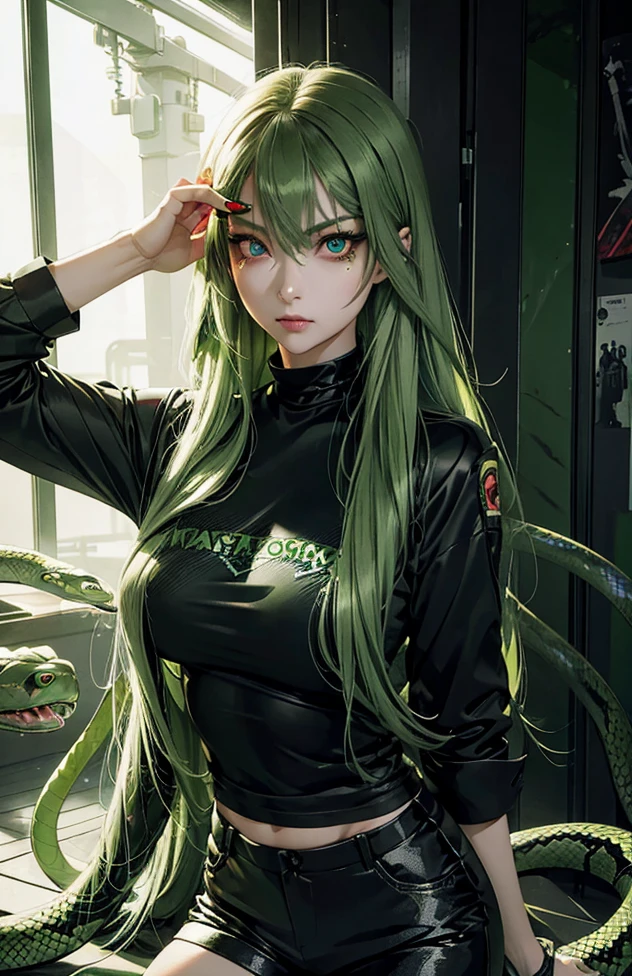 Woman with long hair straight, green hair, high detailed, realistic, ultra realistic, villain, black shirt and short pant, green acid spray mouth, ((red pupil snake eyes)) red pupil viper eyes,