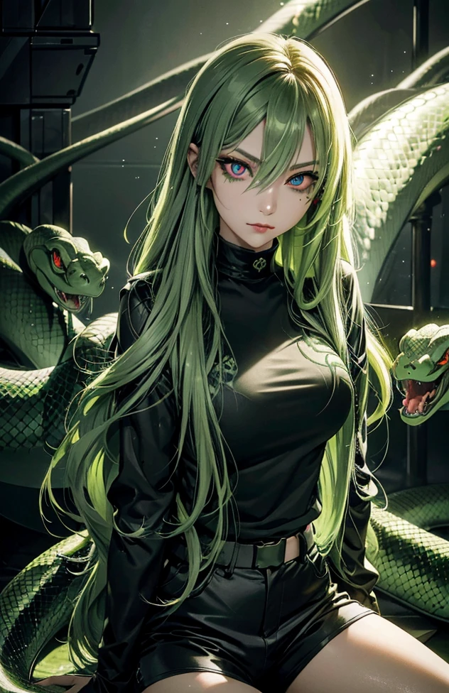 Woman with long hair straight, green hair, high detailed, realistic, ultra realistic, villain, black shirt and short pant, green acid spray mouth, ((red pupil snake eyes)) red pupil viper eyes,