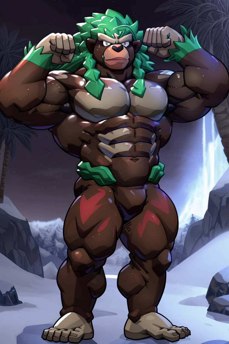 score_9, score_8_up, score_7_up, score_6_up, score_5_up, score_4_up,((rillaboom,gorilla,male furry)), white eyes, (pose:1.3), (posing:1.3), (soft shading), 4k, hi res, five fingers, detailed hands, ((detailed face, (detailed eyes:1.3), detailed)), (((full body))),show legs,show feet,(by maldu:1.5), solo, looking at viewer, 1boy, standing, full body, male focus,((topless,bottomless)), abs, biceps, flexing, smile,
