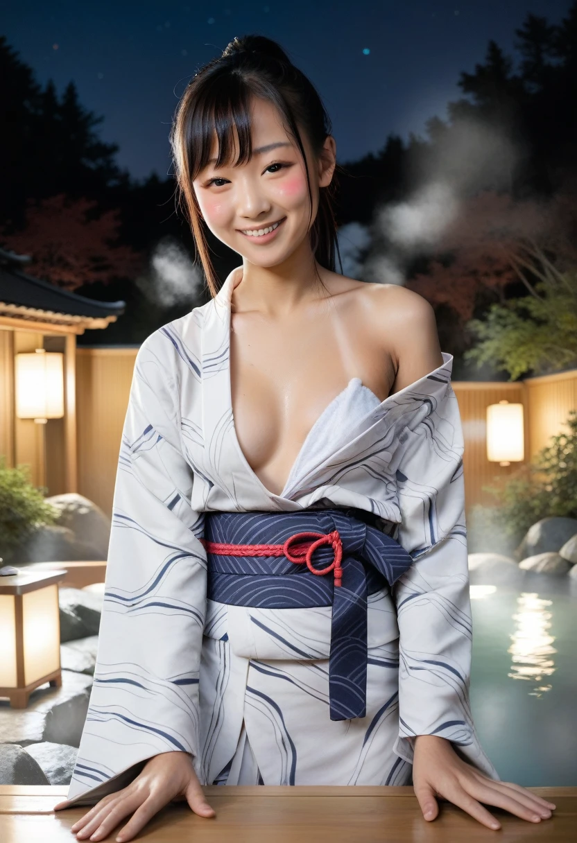 score_9, score_8_up, score_7_up, BREAK rating_explicit,(photo-realistic:1.2),(professional photo), realistic photo,subsurface scattering, volumetric lighting, light from the front, BREAK 1 female,20years old,cute Asian,cute Japanese,Black ponytail with side bangs,Japanese eyes,realistic skin texture,solo,sexy, perfect body,(wearing Japanese yukata,obi),tan skin,(slender body:1.4),one breast out,smile, (blushing:1.3),(Japanese onsen made of rocks),outdoor,stary sky,steam,night,from Front,