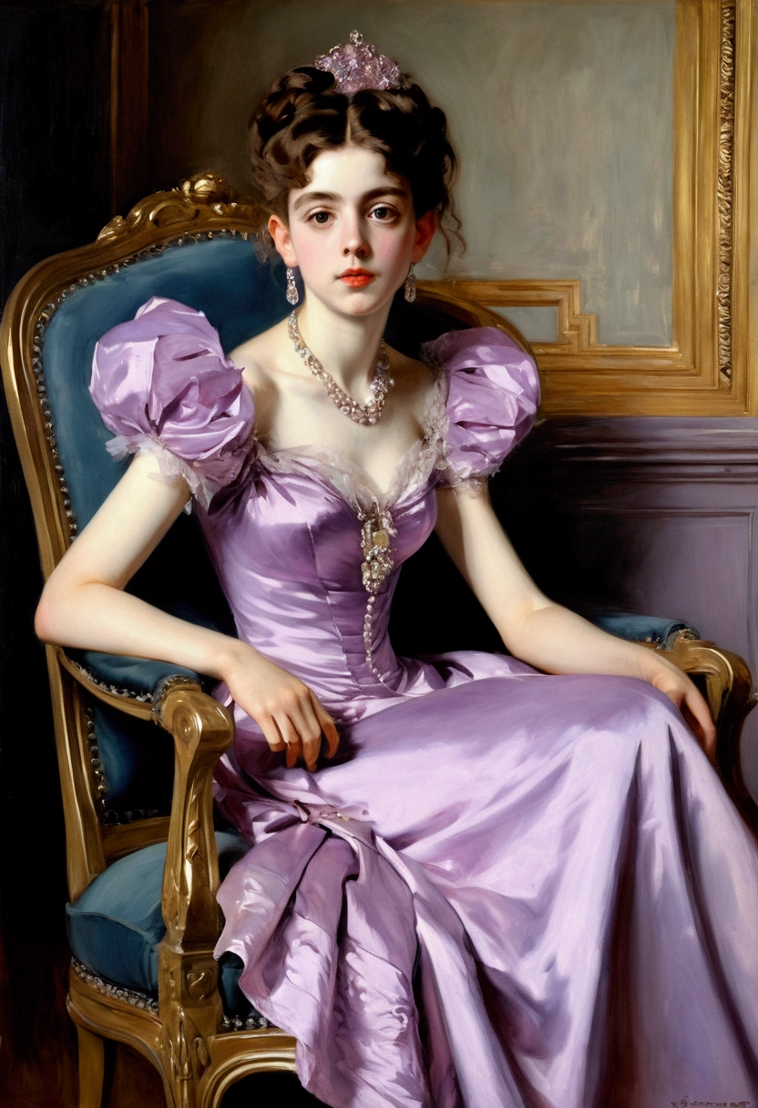 (best quality, Masterpiece:1,1) 14 year old young pretty girl in a pale purple dress on a luxurious armchair((style by John-Singer-Sargent)), (oil painting), Detailed illustration, very colorful, grotesque, Intricate details, tempering, (aesthetics), excitement, hyper-realistic, insanely detailed, (extremely beautiful!!!!!!! pretty face), dark_purple!!!!! chair, (tiny!!!!! flat!!!!!!! chest)