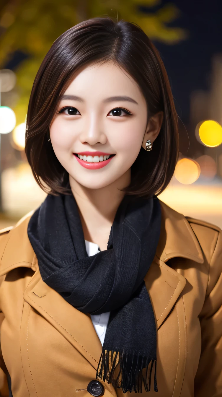 High resolution, Very detailed, Intricate details, 、A woman wearing a down coat、ear piercing、smile、Beautiful teeth alignment、Black Hair、short hair、 、Scarf around the neck、, Background is a park at night
