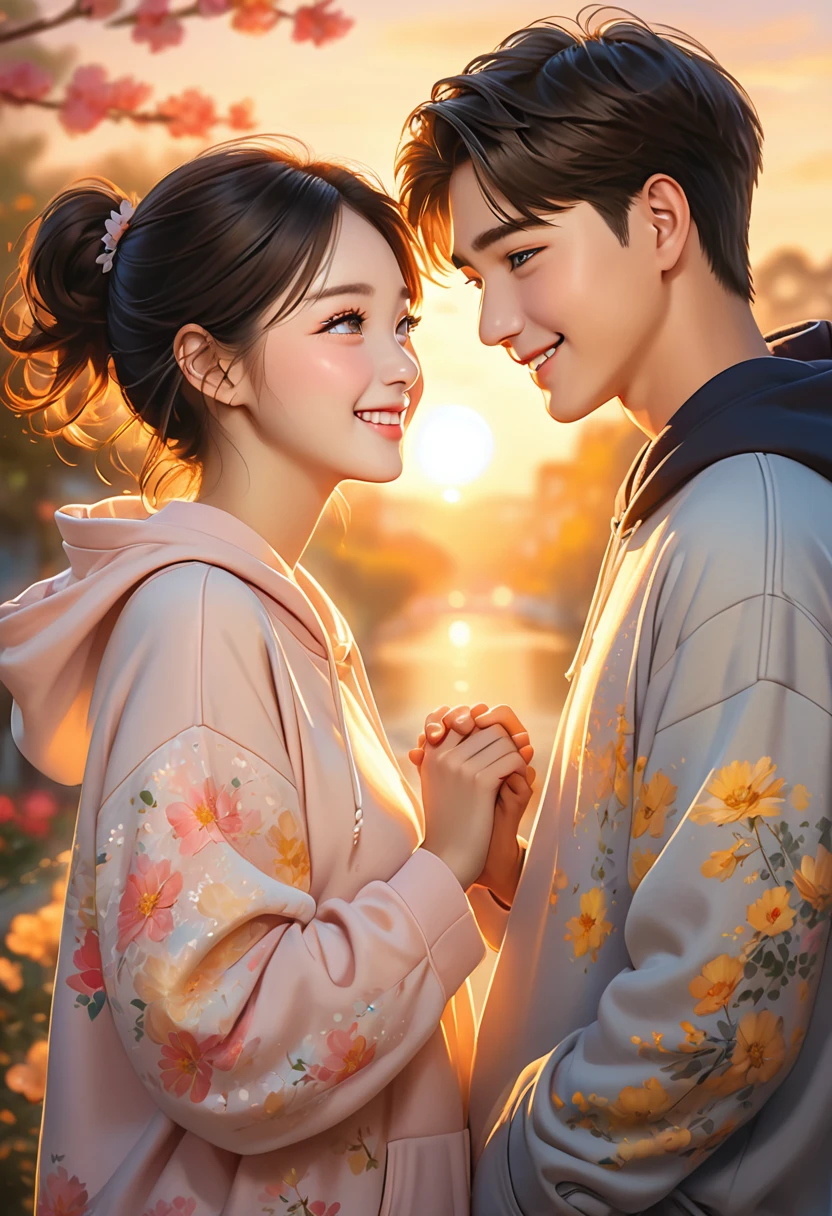 romantic young Korean couple holding hands, soft focus background, twilight light casting a warm glow on their rapt faces, delicate smiles as they gaze into each other's eyes, delicate clothes hoodie, high resolution portrait, golden hour, F 2.5 aperture, ultra realistic, digital painting