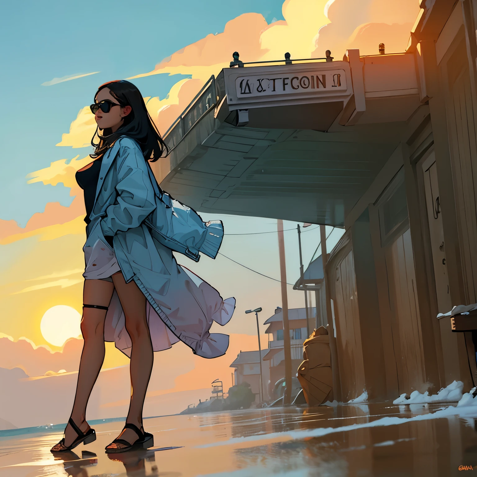 A woman wearing sunglasses standing on the beach with the setting sun behind her