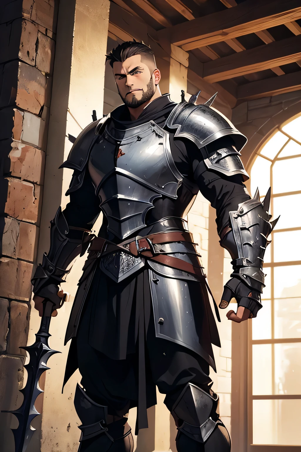 35 years old knight, full body armor. stocky build. His hair was cropped short, leaving his mean-spirited eyes and cruel smile to dominate his face. The torchlight cast deep shadows under his heavy brow, giving him a sinister appearance that was only enhanced by the scars that crisscrossed his cheeks like a map of his many battles. His nose had been broken more than once and sat at an odd angle, as if forever snarling in contempt. His armor was more functional than decorative, each piece designed to withstand the rigors of combat. He carried a heavy mace that seemed more an extension of his own muscular arm. The head of the mace was made of solid iron, studded with rusty nails and sharp spikes, designed to crush and pierce simultaneously. The handle was made of sturdy wood, reinforced with metal bands, worn from use but still deadly effective. Full body armor knight. Anime style, torch, castle corridor, dungeon