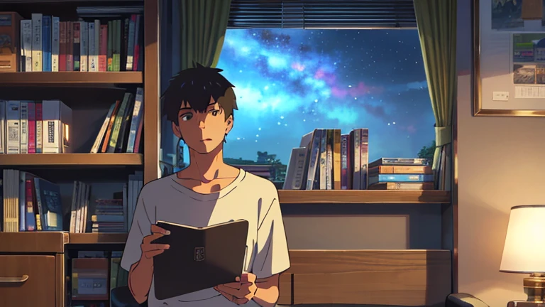 Young man smoking in his room、one person、Night Sky、machine、Bookshelf、makoto shinkai、Overlooking