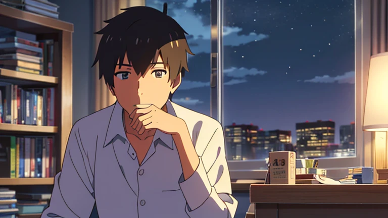 Young man smoking in his room、one person、Night Sky、machine、Bookshelf、makoto shinkai、Overlooking