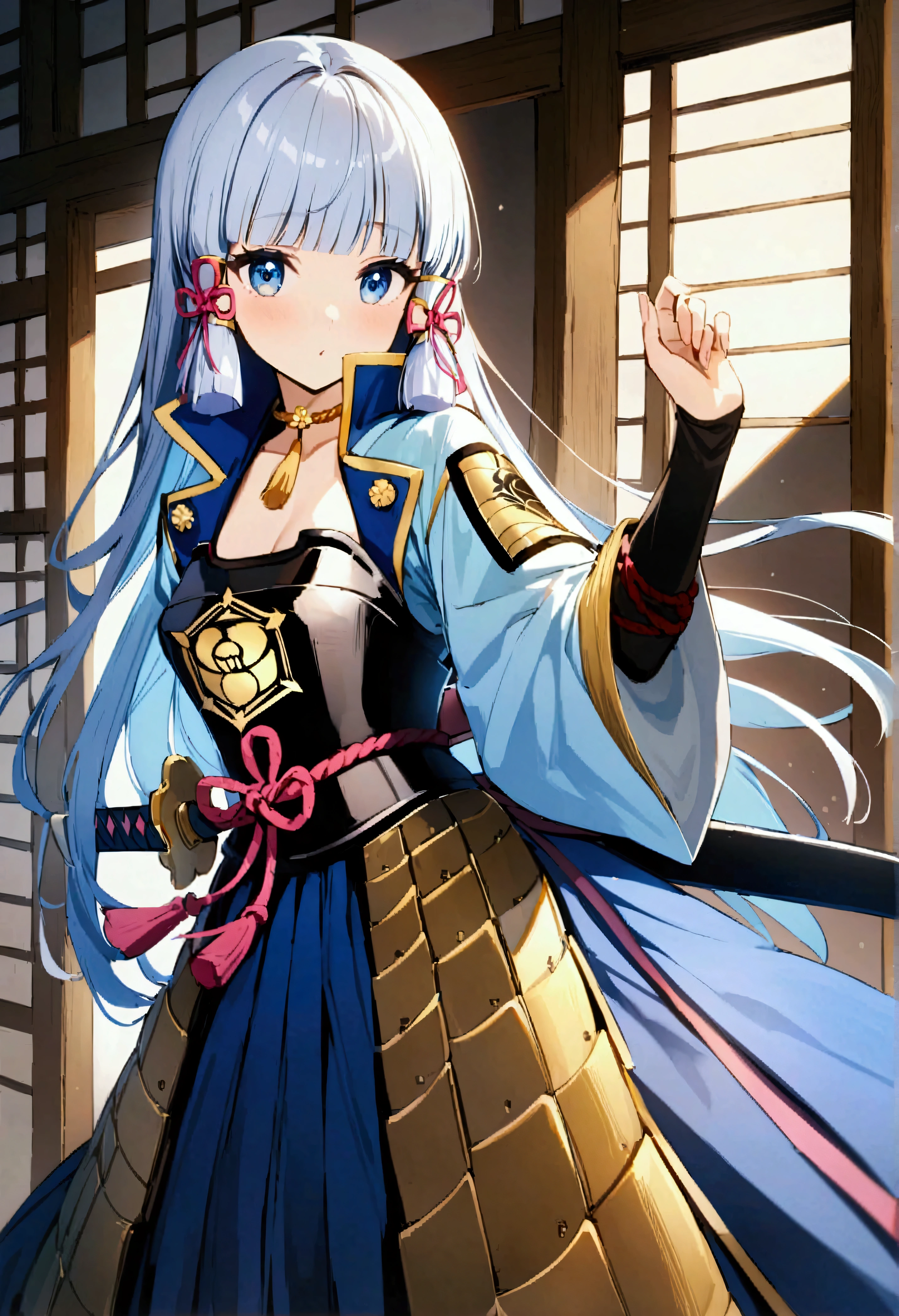 Score 9、Score 8 up、Score 7 up、Source Anime、(masterpiece、Highest quality:1.2)、Kamisato Ayaka、One girl、Aqua Eye、腕armor、armor、Raising his arms、襟付きdress、Covering the mouth、Cowboy Shot、dress、Eye trajectory、Floating hair、灰色のdress、Grey Hair、髪のribbon、High collar、have、swordをhave、armsをhave、日本のarmor、Japanese clothing、knife、Straw folding、Light trail、Long Hair、look back、ピンクのribbon、赤いrope、ribbon、rope、Sideways glance、Sleeves up to the elbows、solo、Are standing、sword、Tassel、房のribbon、Underbust、I pulled out the sheath、arms、Very detailed、Ultra-high resolution、32k uhd、Sharp focus、Highest quality、masterpiece、emotional expression、Golden Hour、型破りな最高のmasterpiece、Stunning details、Calm atmosphere、High-quality texture、Fashion photography style、Magazine Cover、Dynamic angle、Dynamic posture、Official Art、colorful、Color Splash、Cinematic Perspective、Ad Style、Magazine Cover、Very aesthetic、Perfect composition、Intricate details、