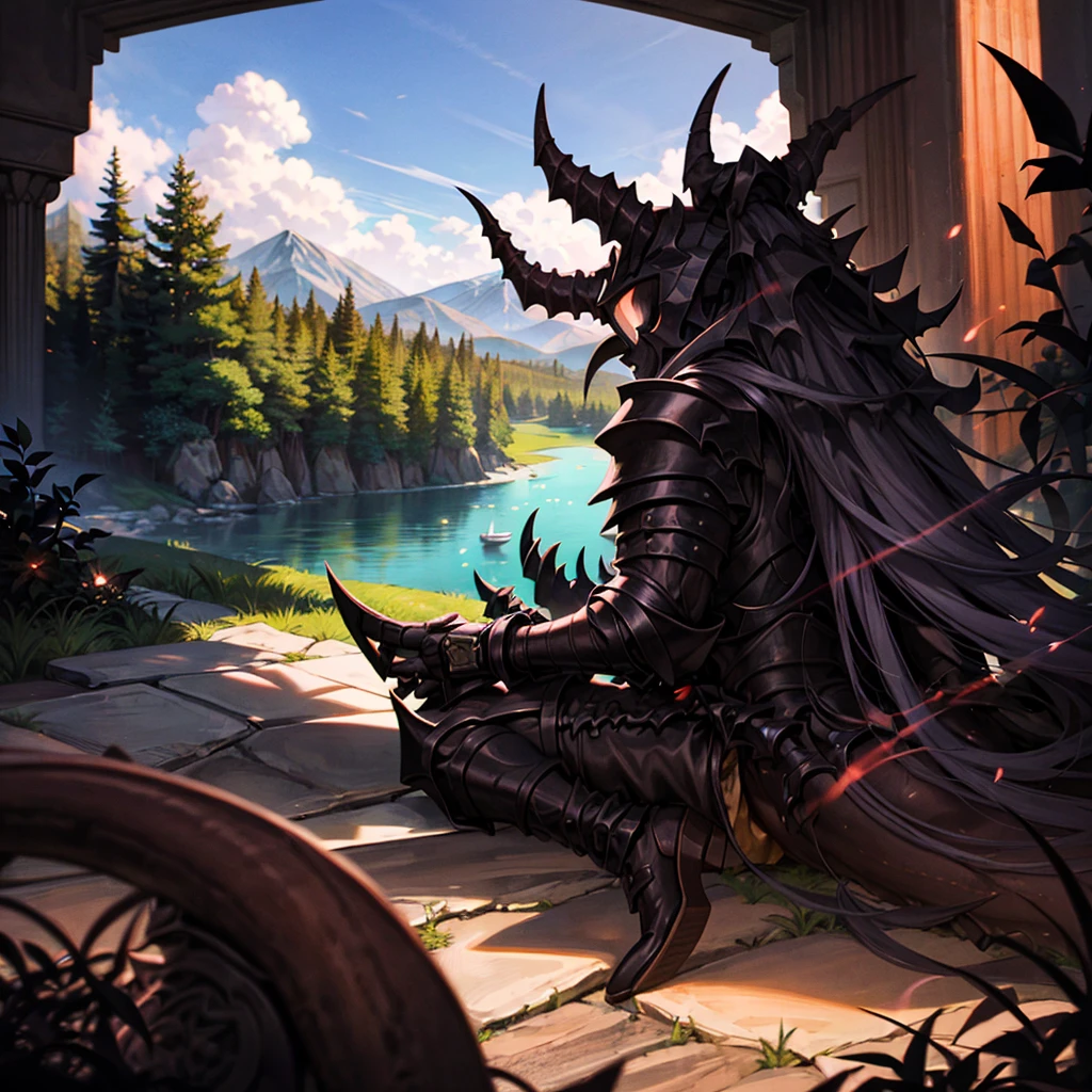 monster, black armor, helmet with horns, red glowing, blue sky, bracelet, bush, coral, day, fish, forest, grass, jewelry, lake, mountain, nature, outdoors, overgrown, palm tree, plant, river, rock, scenery, sky, solo, tree, vines, watch, water, waterfall,
