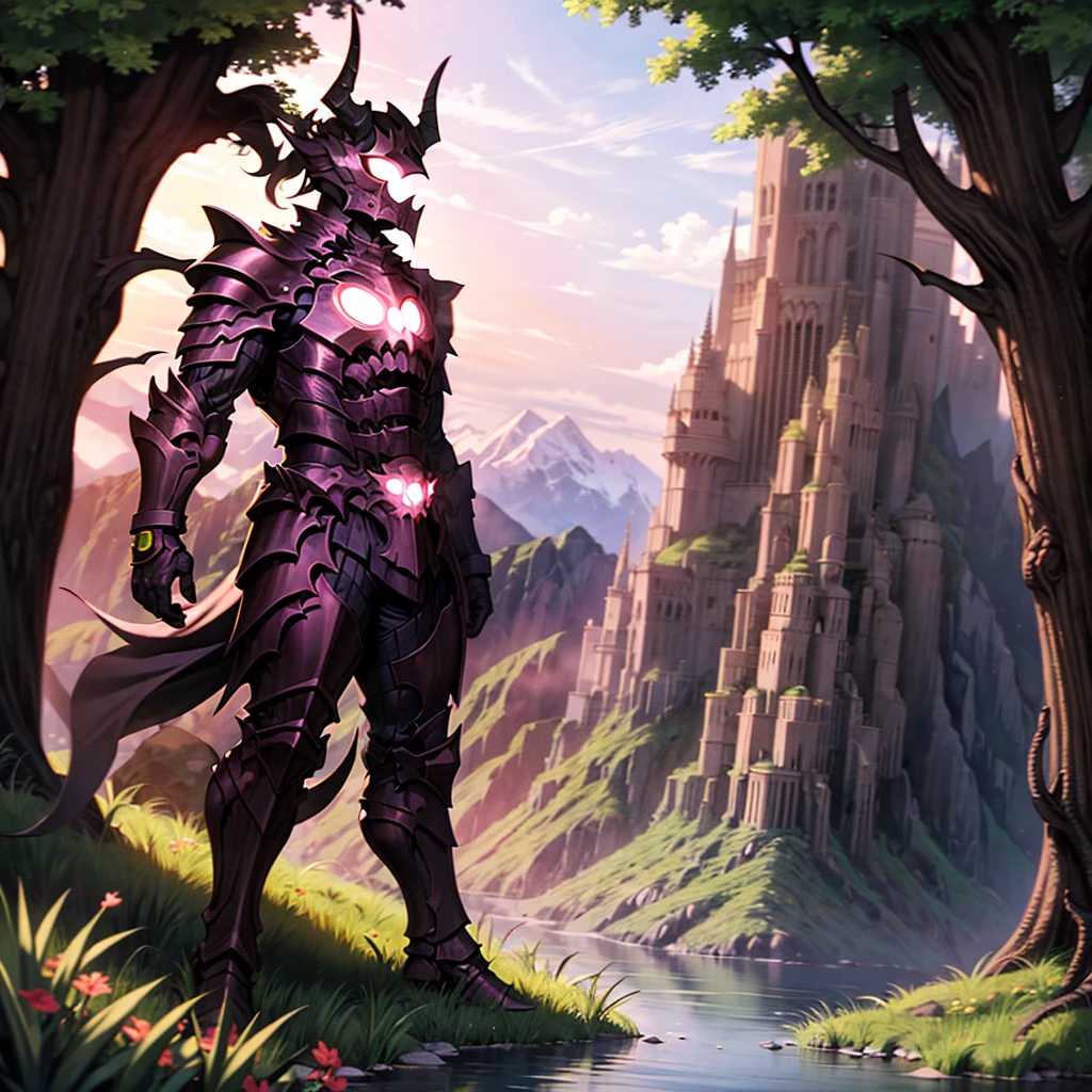 monster, black armor, helmet with horns, red glowing, blue sky, bracelet, bush, coral, day, fish, forest, grass, jewelry, lake, mountain, nature, outdoors, overgrown, palm tree, plant, river, rock, scenery, sky, solo, tree, vines, watch, water, waterfall,
