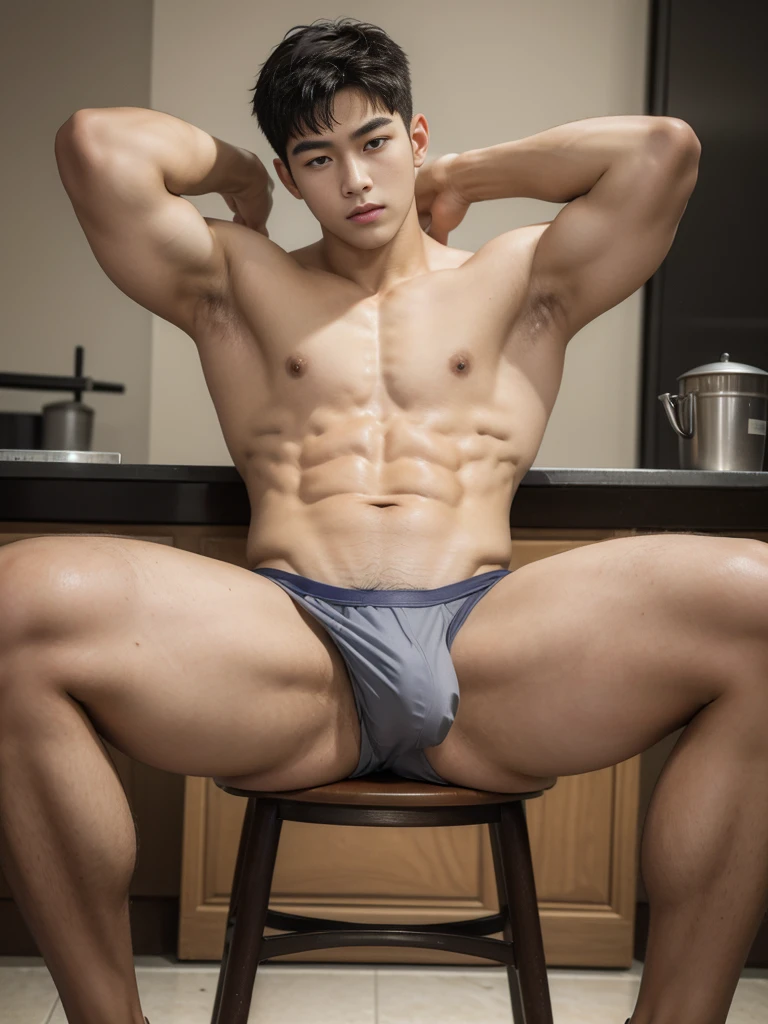 (masterpiece:1.2),18-year-old boy, Asian, Korea, gray panties, erection, abs, sitting on a stool, spread legs, looking at me, ultra-detailed, realistic, portraits, vibrant colors, studio lighting, lifted arms