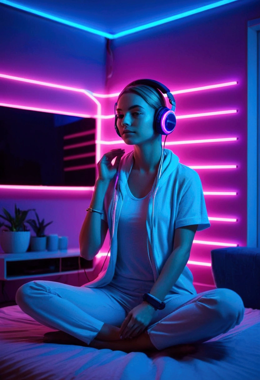 image of a beautiful girl sitting in the lotus position on the bed inside an apartment bedroom with pink and blue neon lights, She wears headphones and is facing the window