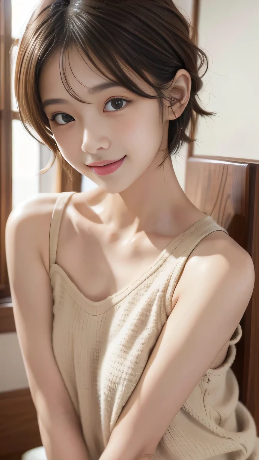 Masterpiece、Best Quality、Illustration、 Super detailed、Fine details、 High resolution、8K Denden Wallpaper、Perfect dynamic composition、Cute 27 year old girl、Sweet girl、Detailed beautiful face、Detailed cute eyes、Textured skin、A modest smile、Wavy short hair、Small breasts、Shoulder strap sleeveless shirt、Bold sexy pose、