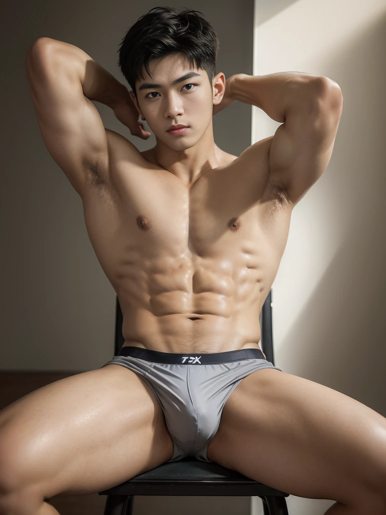 (masterpiece:1.2),18-year-old boy, Asian, Korea, gray panties, erection, abs, sitting on a stool, spread legs, looking at me, ultra-detailed, realistic, portraits, vibrant colors, studio lighting, lifted arms