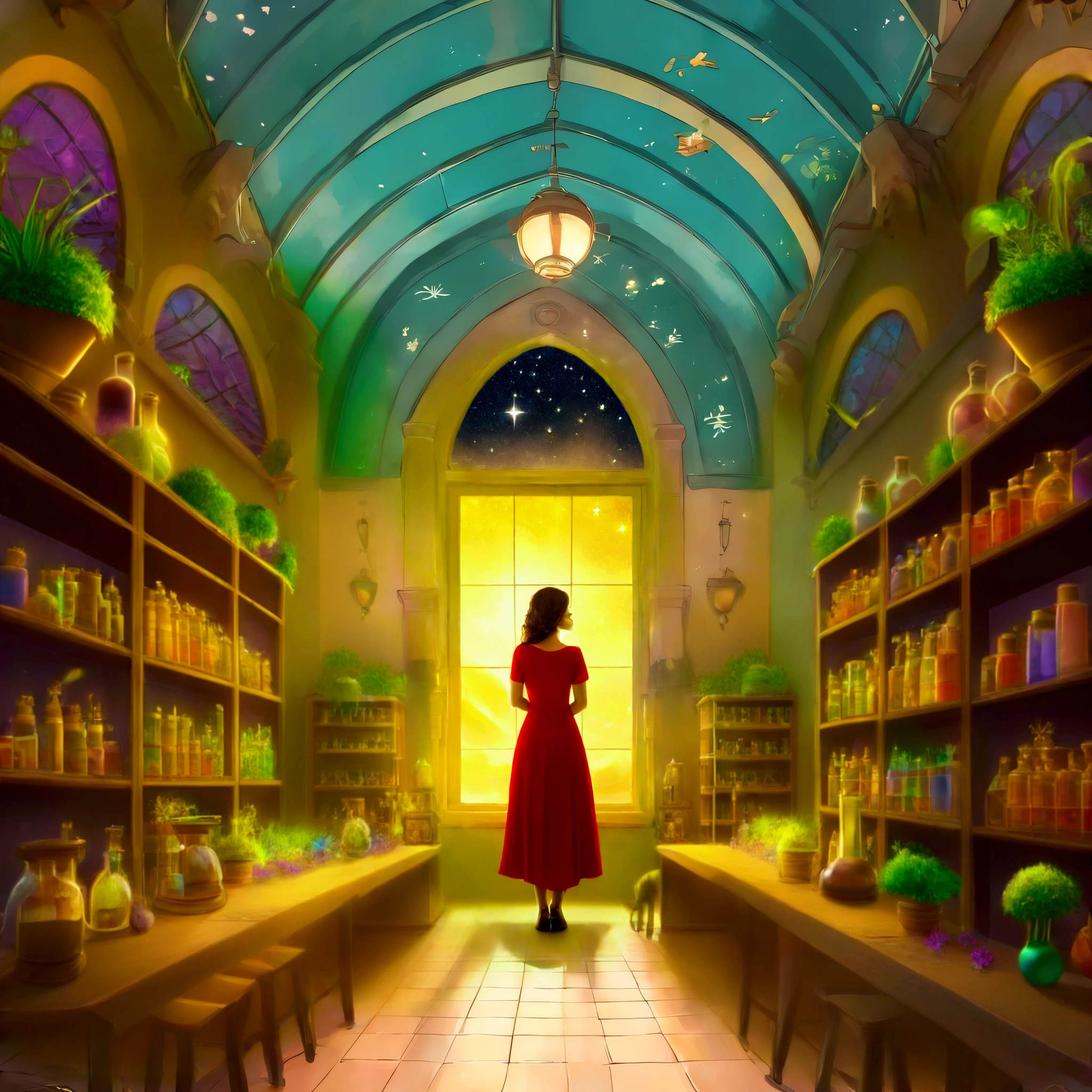 woman in red dress looking at cute starry sky window, fantasy colors