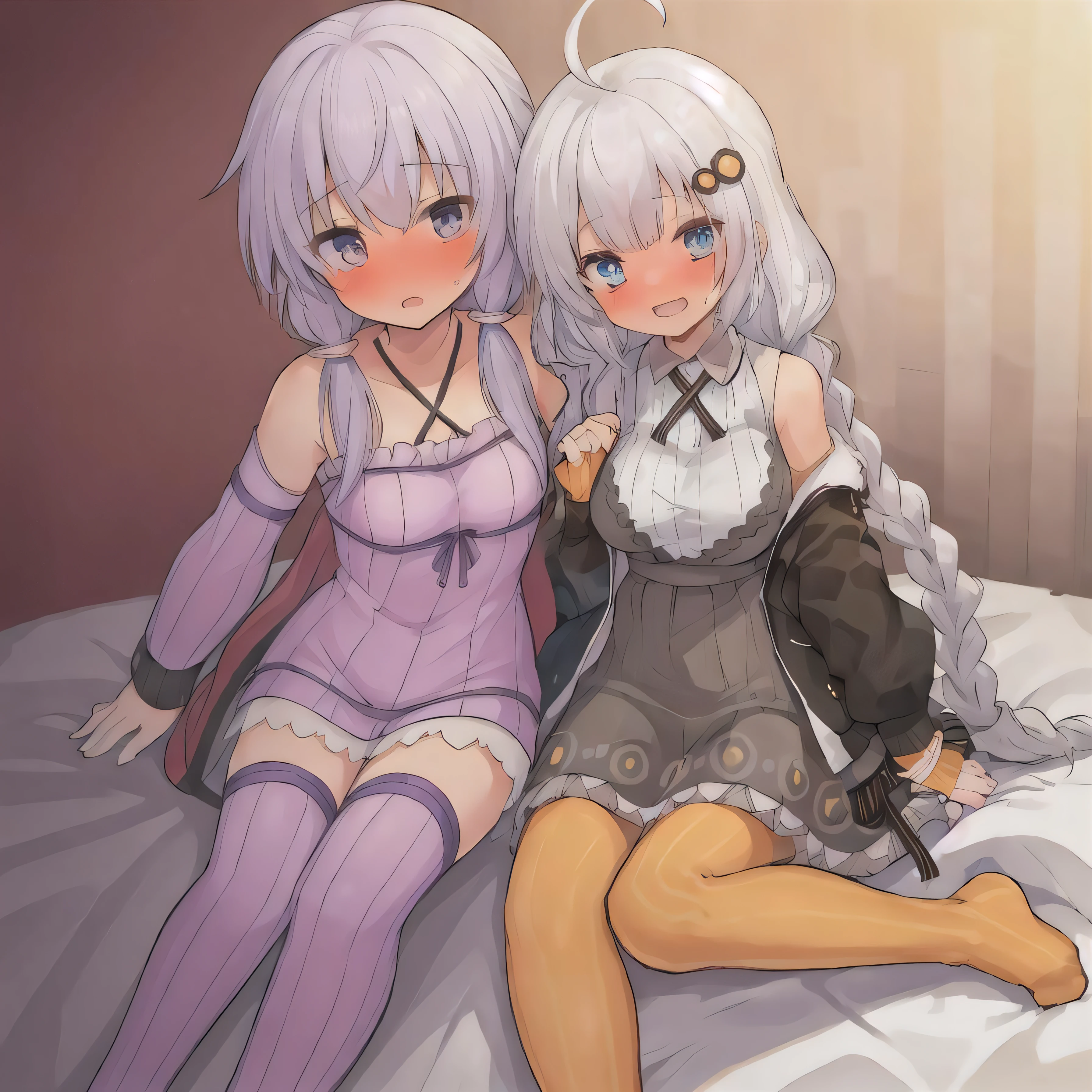 Silver-haired red-eyed li barefoot lying on bed，Show the whole body，Wear leaky belly button pajamas and miniskirts，，She lifted her pajamas with one hand to reveal her bra，One hand lifted the nightdress to reveal the panties，She looked shy，high high quality，ultra - detailed