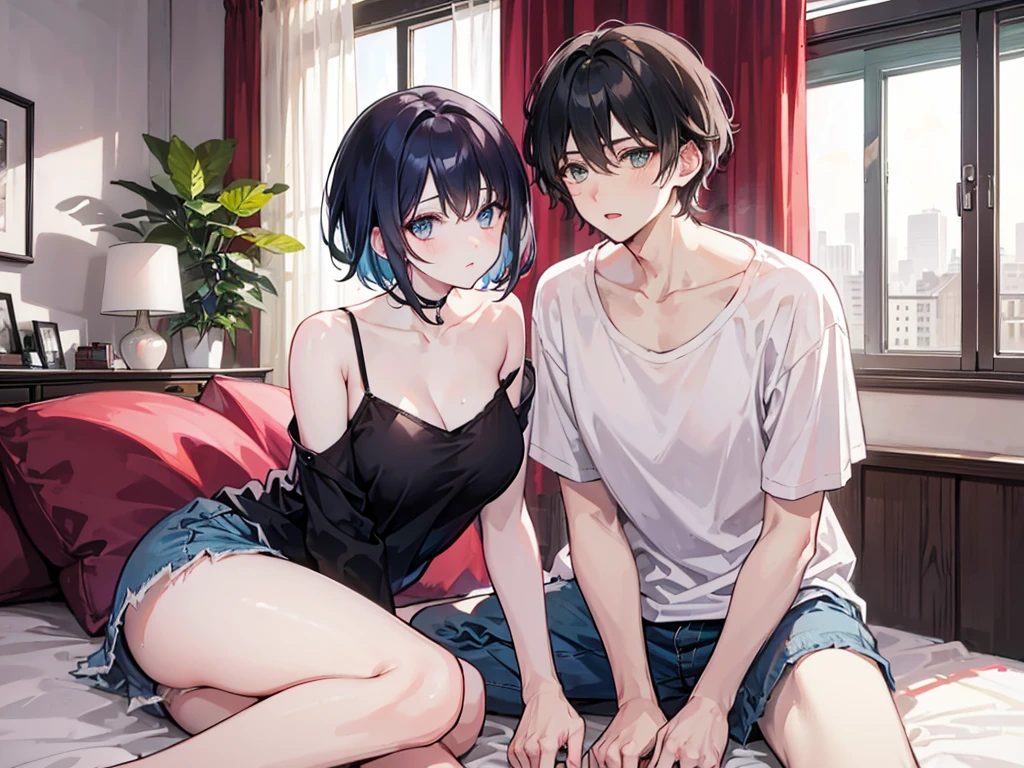 ((sister and brother)),A woman with big ,A boy with short hair,They wear camisole tops,and sit on the bed,bedroom,