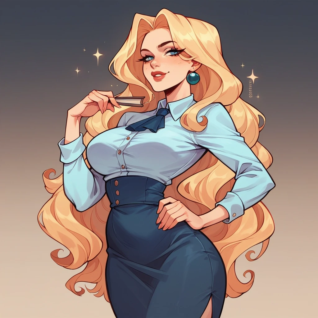 Beautiful woman 25 years old, not very high, long curly light blonde hair, Thin waist, big , caderas bigs y bien formadas. She wears a secretary uniform..
