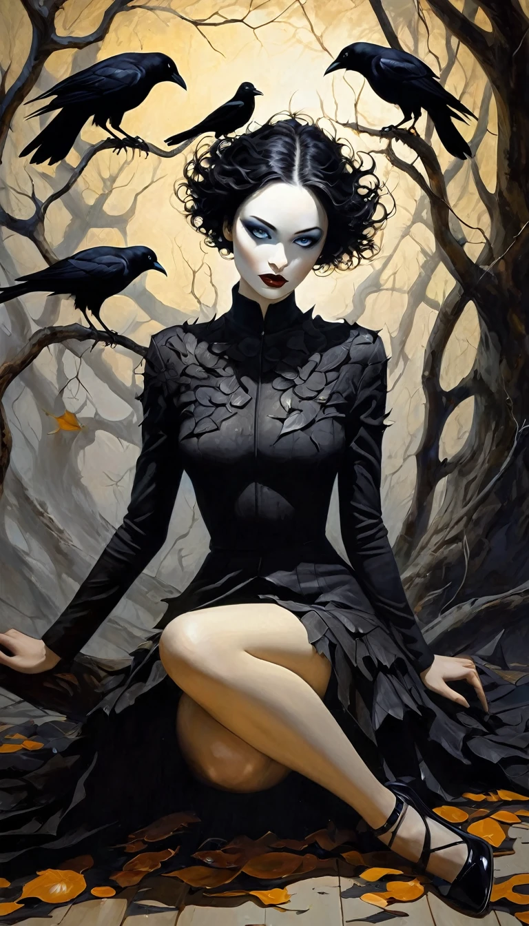 a large dry tree, crows, a sexy monster girl with torn clothes sitting at the base of the tree, black and white image, art inspired by Bill Sienkiewicz, crows eroticism, sexy, black and white image,(best quality,4k,8k,highres,masterpiece:1.2),ultra-detailed,(realistic,photorealistic,photo-realistic:1.37),intricate details,vivid colors,sharp focus,professional,Dave McKean artwork, oil touch of surrealism,oil painting style,portrait,woman,beautiful detailed eyes,beautiful detailed lips,dreamlike atmosphere,shadow play,soft lighting,playful pose,minimalist room,dark hues,ethereal background,fantasy elements,texture,layered composition.
