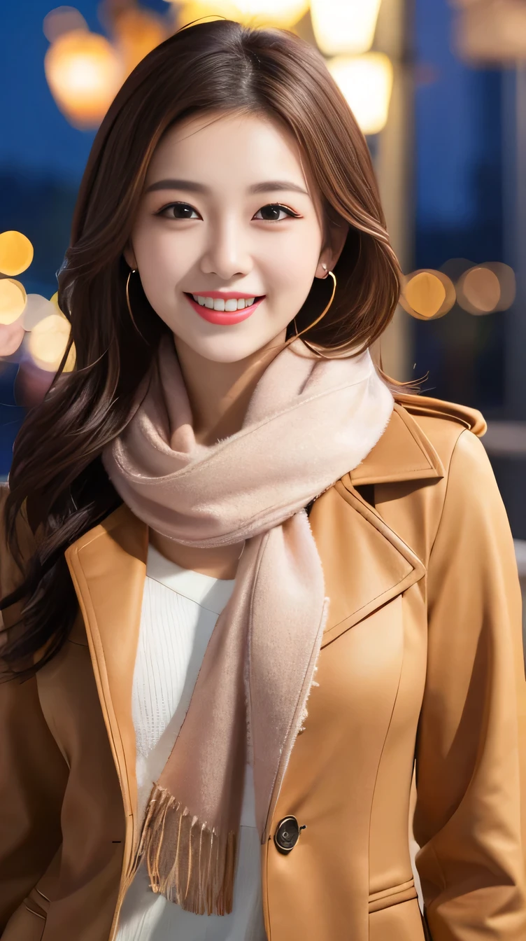 High resolution, Very detailed, Intricate details, 、A woman wearing a down coat、ear piercing、smile、Beautiful teeth alignment、Light brown hair、short hair、 、Scarf around the neck、, Background is a park at night
