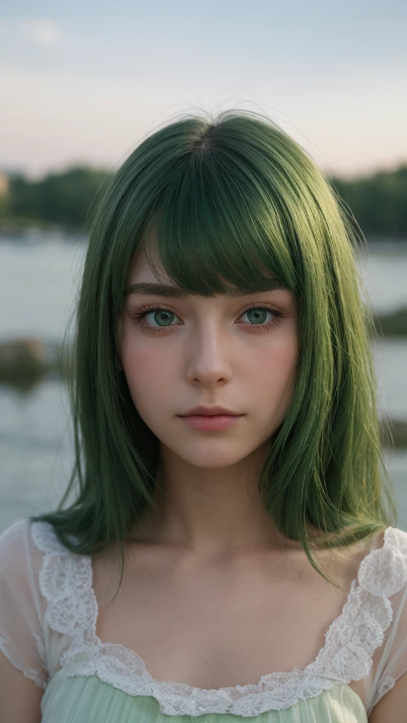 a girl. Europe. charming. Oval face. delicate facial features. eyes half closed. sad eyes. green eyes. green hair. long straight hair. Sad. shy