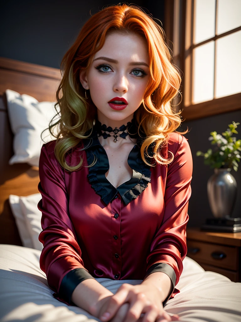 ((best quality: 1.5)) ((masterpiece: 0.8)), intricate details, sharp focus, professional, photorealistic, real life, realistic representation of the face, ((((solo, 1girl) female, (gasping, bright lipstick, (gothic eye makeup))))) bright glow, dynamic pose, gorgeous perfect face, in the style of realistic and hyper detailed renderings, zbrush, hyper realistic oil, contoured shading, dark room, dark background, black background, solo, BREAK; BREAK ((((ginger wavy hair, eyecolor: green)))), (freckles: 0.6), ((body tattoo: 0.9)), ((fujicolor)), BREAK (((((breast size: 0.5))))) BREAK (((((lying, knees up, bedroom bed, (loose silk red blouse))), dark bedsheet, photorealistic, hyper-realistic))
