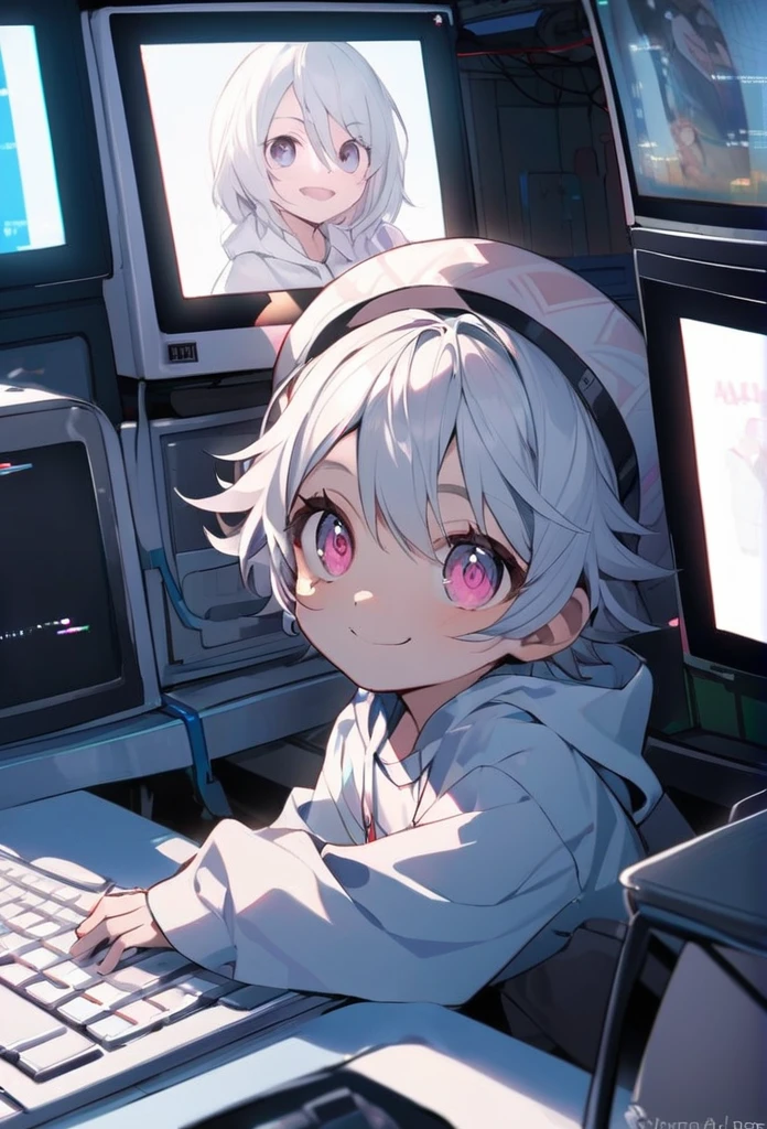 Create a virtual kid, 5 year old, white hair, bright pink eyes, white sweatshirt inside an old computer with a tender smile on his face while in the background there is a blue error screen. La imagen debe estar en primera persona y el chico tiene que ser virtual, no debe haber ningun personaje fuera del chico virtual y el niño debe estar mirando la frente