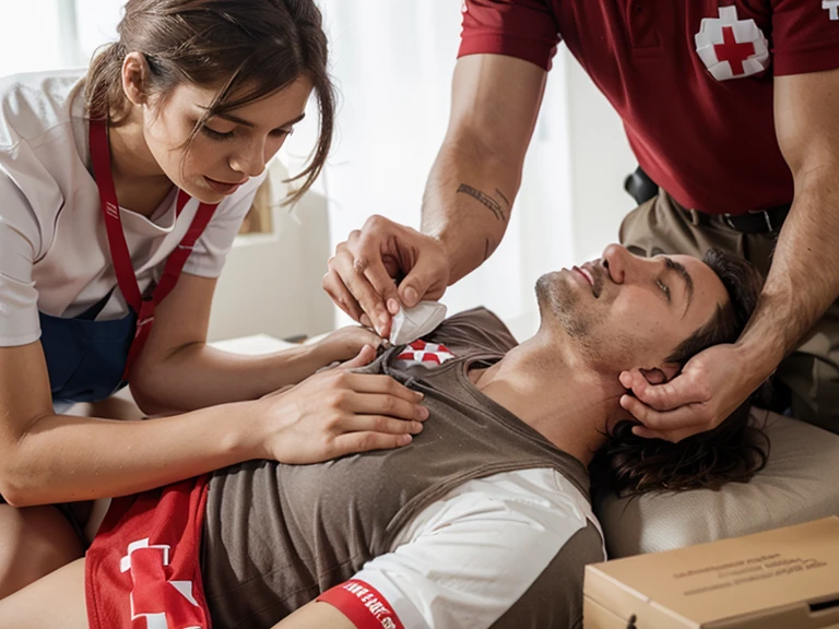 person giving first aid to a red cross man