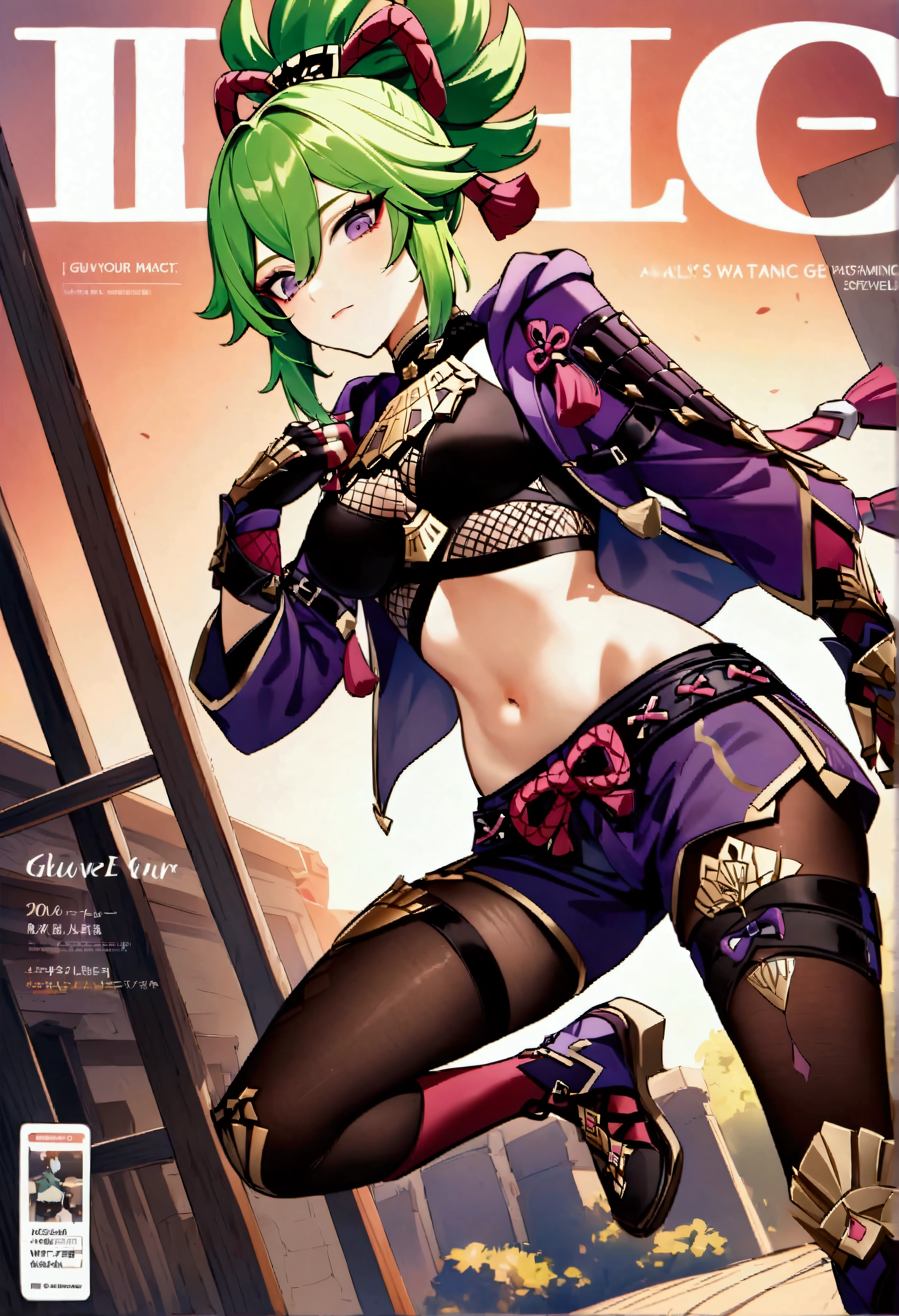 
score_9、score_8_up、score_7_up、kuki shinobu_(genshin_impact)、kuki shinobu (genshin impact)、kuki shinobu、One girl、Purple Eyes、Green Hair、solo、Shorts、口mask、gloveask、belly button、紫のJacket、rope、abdomen、忍者mask、Jacket、Crop top、Hold、chest、Shorts、Shimenawa、部分的に指のないgloves、ponytail、arms、黒のShorts、See who&#39;s watching、クロップドJacket、Fishnet tights、Hair between the eyes、bangs、A tense shot、(Visual impact、Give your poster a dynamic and visually striking look:1.2)、High-impact photos、(whole body:1.3)、(masterpiece、Highest quality:1.2)、Official Art、colorful、Color Splash、Cinematic Perspective、Ad Style、Magazine Cover、Very detailed、Ultra high quality resolution、32k uhd、Sharp focus、Highest quality、masterpiece、emotional expression、Golden Hour、型破りな最高masterpiece、Stunning details、Calm atmosphere、High-end texture、Fashion photography style、Magazine Cover、Dynamic angle、Dynamic posture、