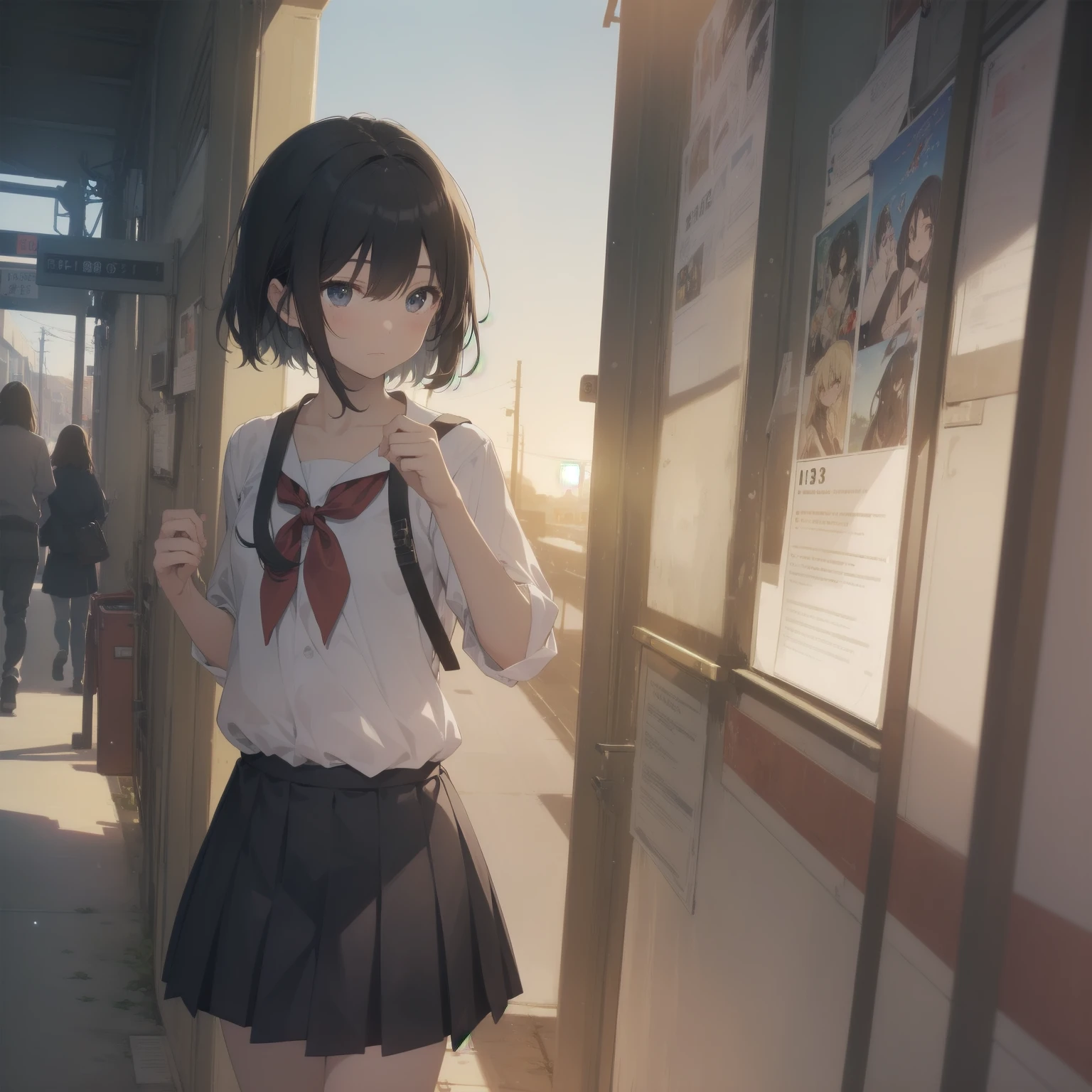 ultra-absurdres-Top quality by artist God, ultra-detailed, high resolution, anime moe artstyle, best anime 8k konachan wallpaper, pixiv contest winner, pool:2810, perfect ???????,break, 1girl, (Please draw a girl walking sleepily to school alone. )break,(Solo,little female, 13-year-old:1.3),Full limbs, complete fingers,a junior high school student, (very short hair), short cut, flat chest, , small butt, small black eyes, beautiful detailed eyes, well-proportioned iris and pupils, expressive eyes, highres detailed hair, soft expression, salor school_uniform, sailor collar, serahuku, bow, pleated skirt,(Detailed Lighting), (Detailed background), in the School commute route. break,super detailed skin, Best cinematic lighting powered by famous artist, 8k,beauty illustration,photoshop_(medium),very aesthetic,break,((artist:fujima_takuya )), artist:clamp ,artist:carnelian ,artist:kantoku ,