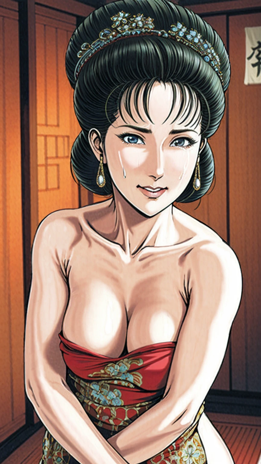 (best quality), (very aesthetic), (ultra-detailed), (best illustration),(a mature female),(perfect face),Suikoden,Mrs. Lin,(((NSFW))),((full_body)),((full_NUDE)),(Woman with pubic hair),crying,red cheek,sweating,skinny,flushed skin,(standing),traditional Chinese bedroom,