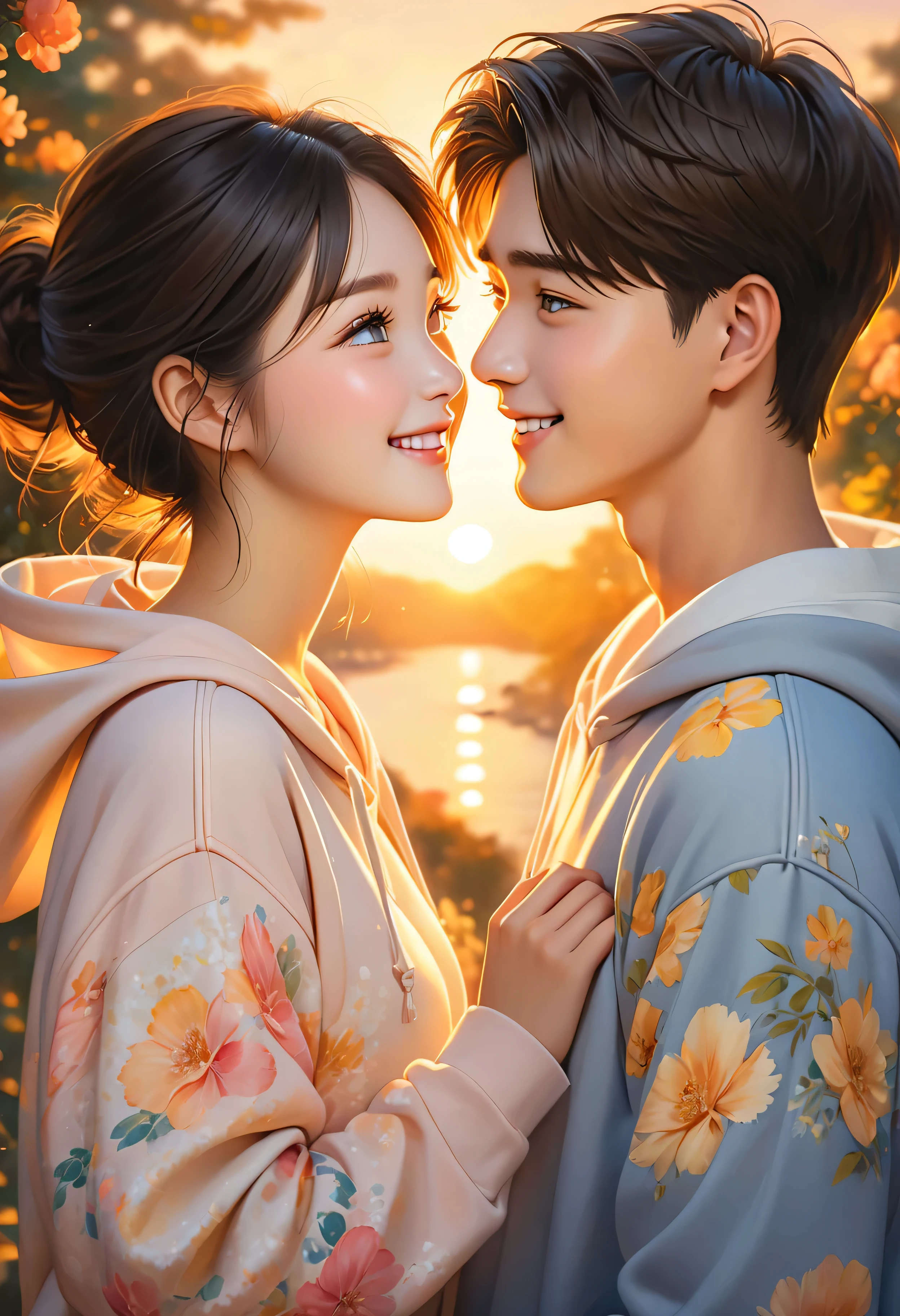 romantic young Korean couple holding hands, soft focus background, twilight light casting a warm glow on their rapt faces, delicate smiles as they gaze into each other's eyes, delicate clothes hoodie, high resolution portrait, golden hour, F 2.5 aperture, ultra realistic, digital painting