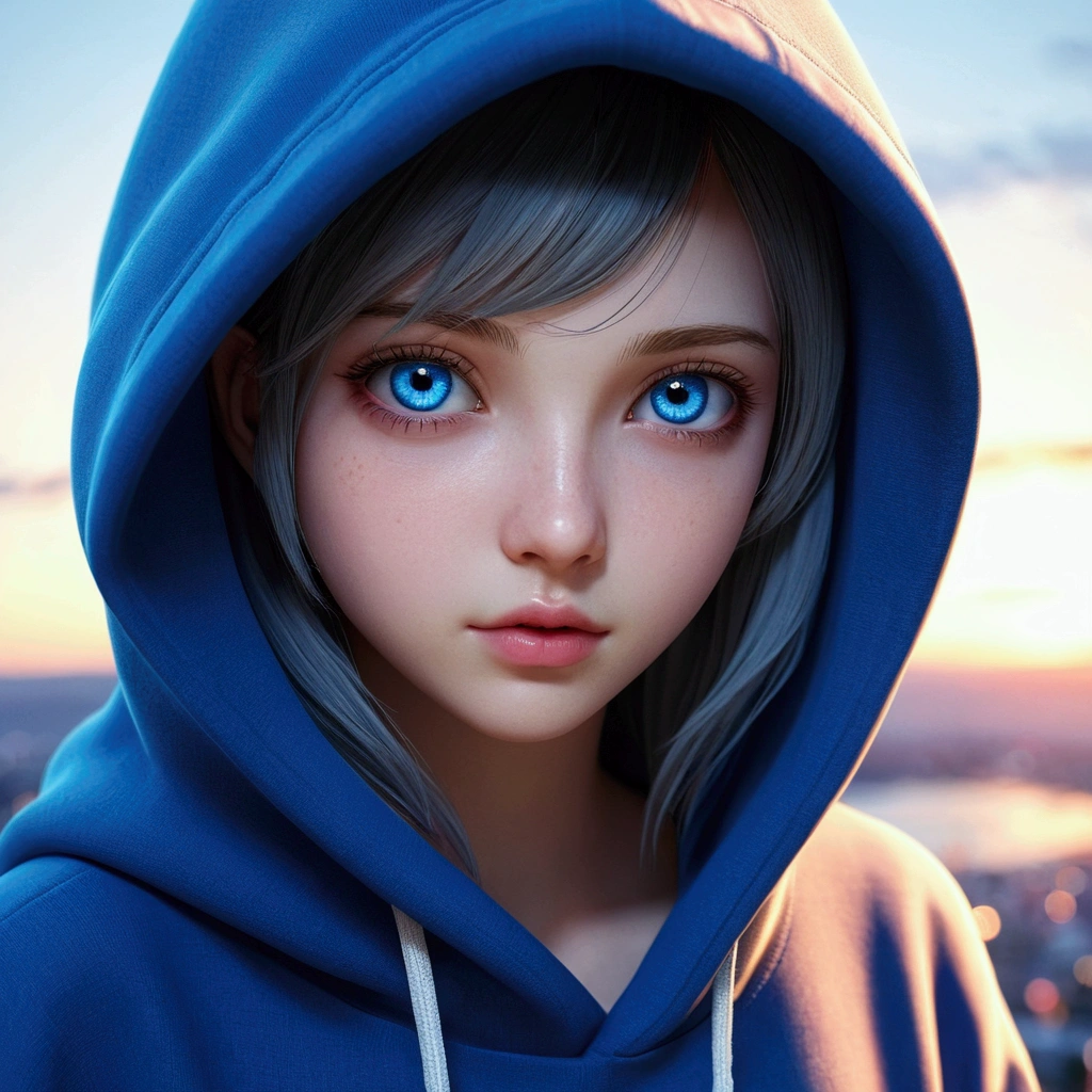 (Blue Eyes), Superior Quality, masterpiece, High resolution, 8k, cute girl wearing a hoodie, With a girl, Detailed line drawing,  digital improvement, Shut, Anime Core, fluid fabric，corruption，Torogao，Multiple Representations，I see peace in my eyes，Galaxy in the eye：1.3