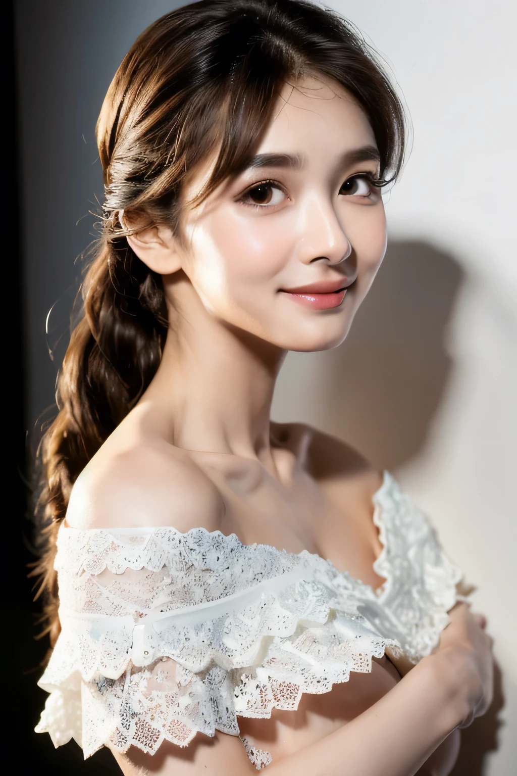 ((Highest quality, 8k, masterpiece: 1.3)), sharp: 1.2, Perfect Body Beauty: 1.6, ((Layered Hairstyles, Big Breasts: 2.0)), (white and long legs: 2.0), (white lace dress: 2.0, Off-the-shoulder dress: 2.0, Dresses with visible breasts: 2.0), ((long hair: 2.0)), ((necklace)), Earrings, ring, Bracelet, Hair Accessories, ((Beautiful young teenager woman)), ((Straight nose)), (Eyeliner), Armpit Hair, Bristles, ((White and beautiful skin)), Wavy Hair, Beautiful attention to detail, Super detailed, Highly detailed face and skin texture, fine grain, double eyelid, Black Hair, Big Ass, Lower Body, Thighs, (((Skinny))), Wet and shiny lips, smile, Get a grip on your body, ((Anatomically correct human body)), ((Crisp body shape)), Ribs, clavicle, Protruding skeleton, A face without nasolabial folds, Shyness, Thin eyebrows, Big eyes, (shoot from side: 1.0), (Narrow shoulders: 2.0), (Smile: 1.0), (One arm raised: 1.0)