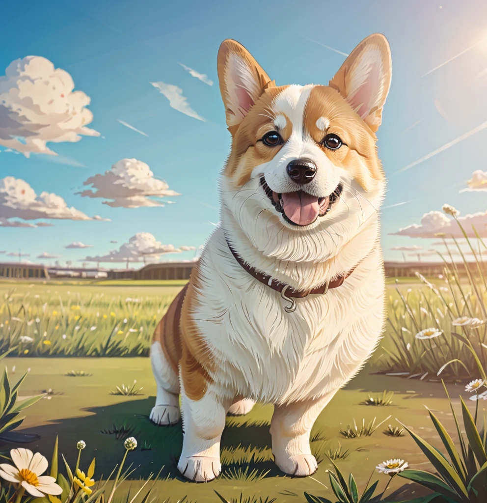Create a close-up illustration of a cute corgi dog with a playful and happy expression, standing on a grassy field under a clear blue sky."