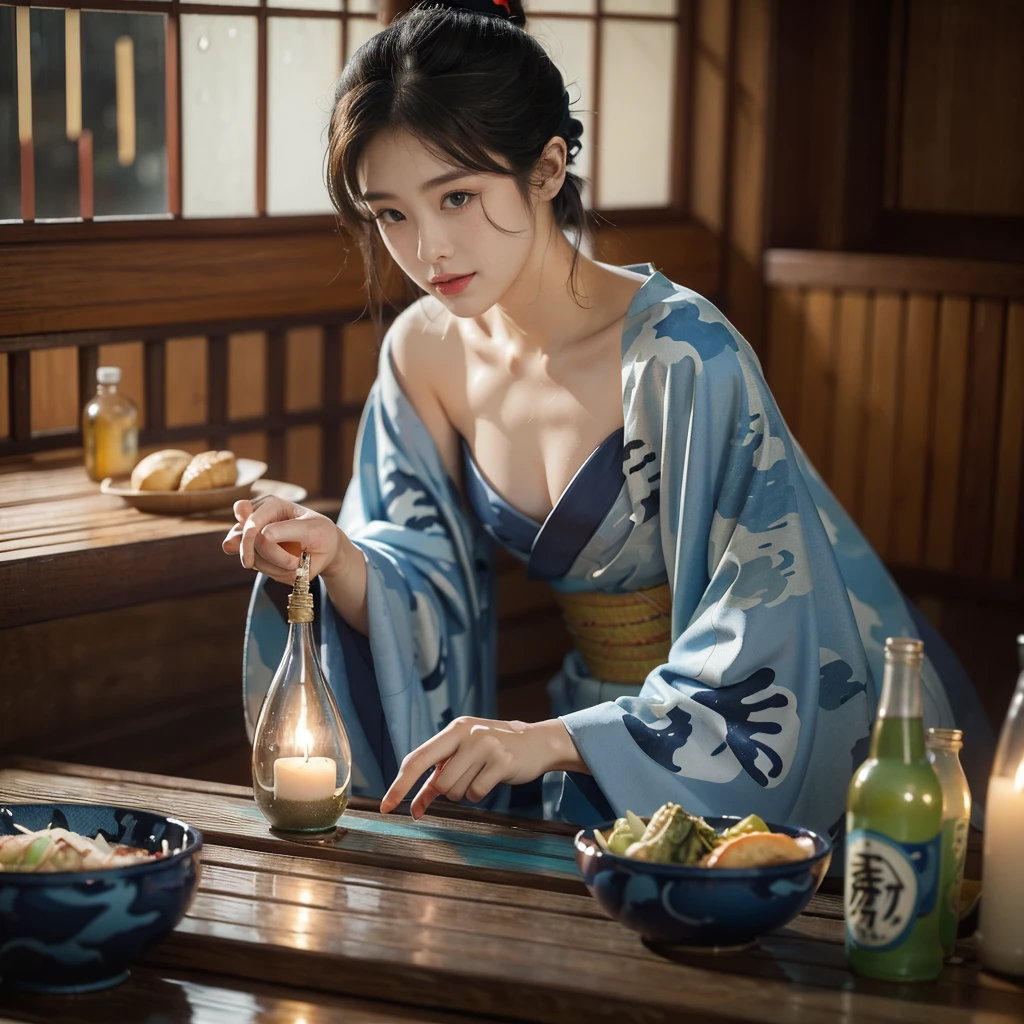 (((best quality))),(((ultra detailed))),(((masterpiece))),illustration,((1 beautiful Japannese girl,solo)),((slim,thin)),((small breasts,flat chest)),(((izakaya,summer,rain,night,indoor))),(blue Camouflage kimono:1.3),neat bun,porcelain skin,rouge,dimly lit,warm glow,ethereal,low table,sake bottle,half-empty glass,tray,grilled fish,steamed vegetables,half-eaten,melancholic smile,storm,solitude,enigmatic aura,tranquility,chaos,simplicity,complexity,emotions,sips sake,face softens,memories,frozen moment,photograph,glance,inner world,mysterious,captivating,((from front,upper body))