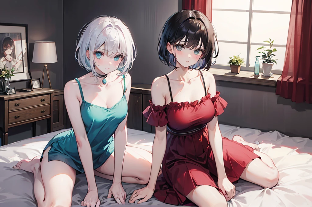 ((sister and brother)),A woman with big ,A boy with short hair,Wearing a camisole,and sit on the bed,bedroom,