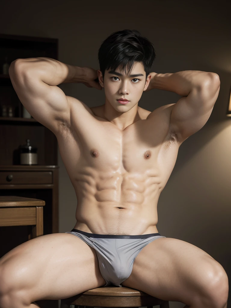 (masterpiece:1.2),18-year-old boy, Asian, Korea, gray panties, erection, abs, sitting on a stool, spread legs, looking at me, ultra-detailed, realistic, portraits, vibrant colors, studio lighting, lifted arms