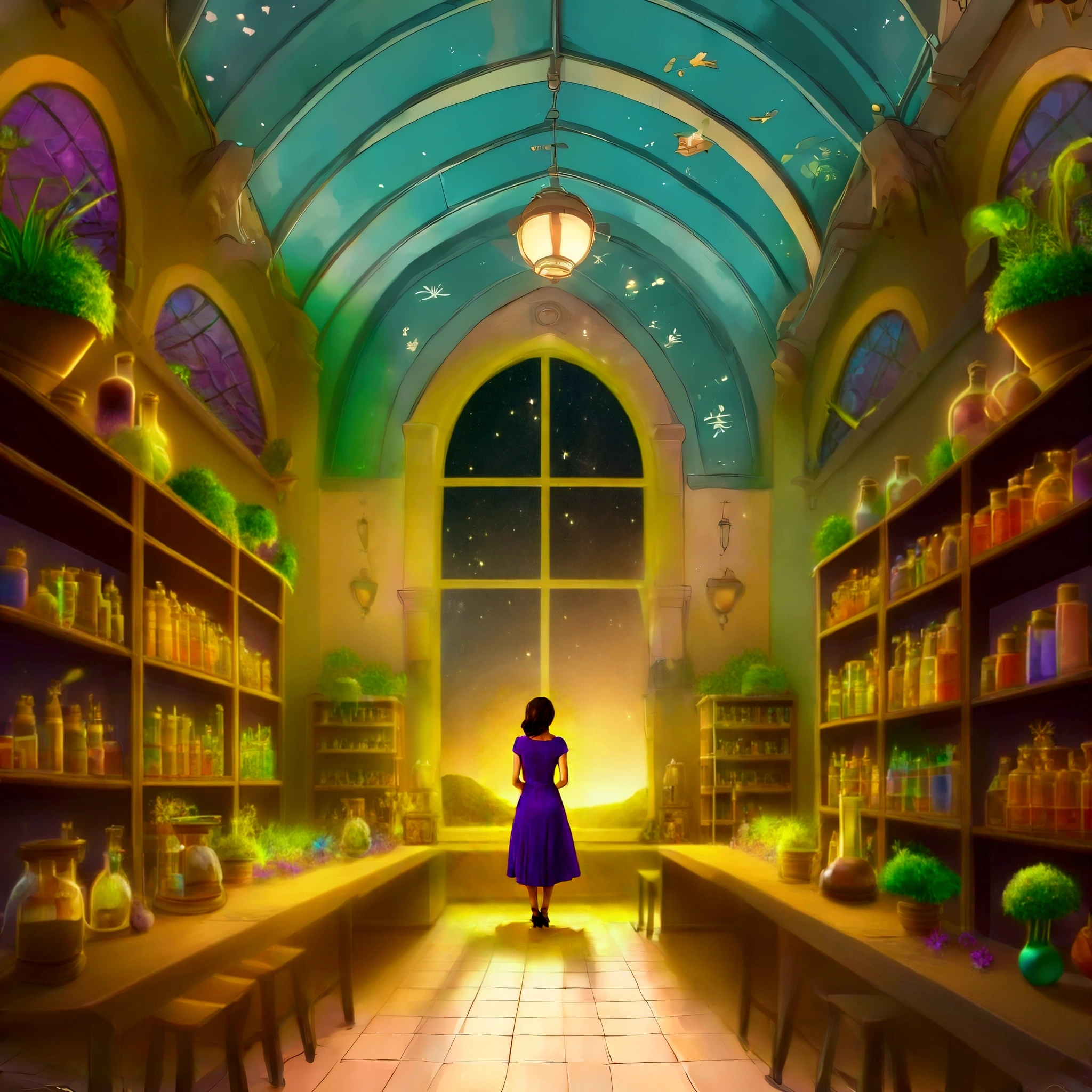 woman in purple dress looking at night starry sky window