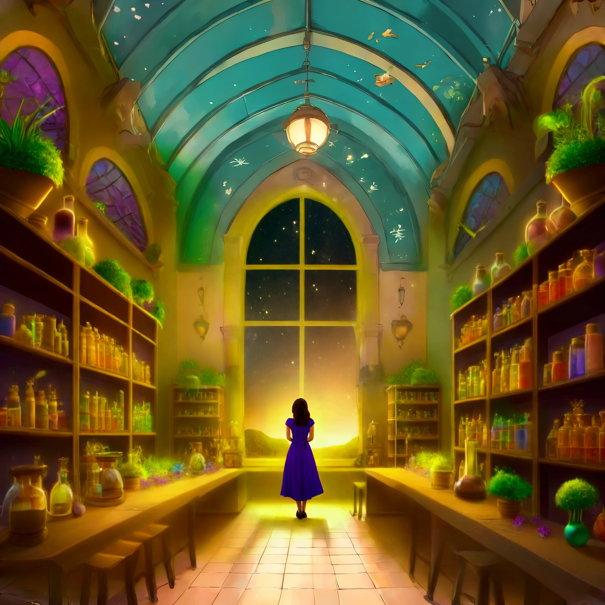 woman in purple dress looking at night starry sky window