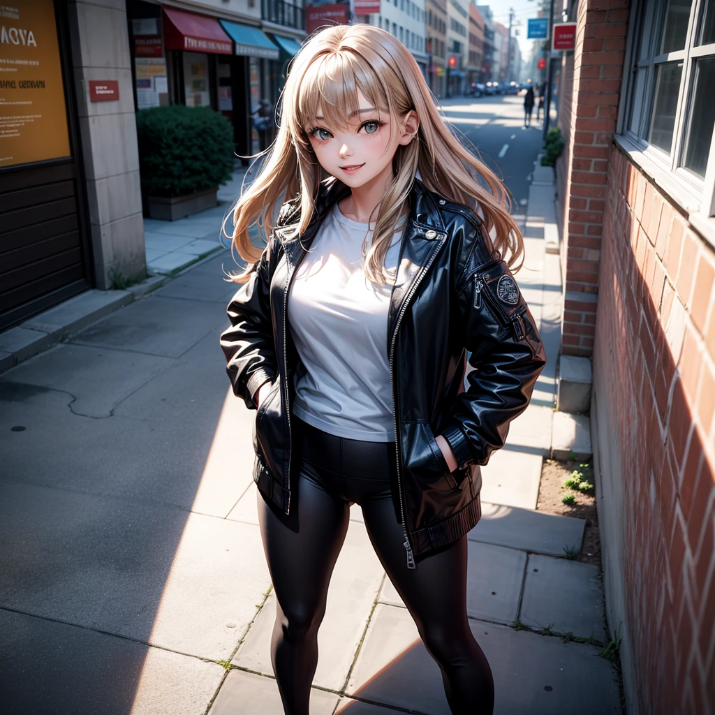 best quality, Ultra-high resolution, (Reality:1.4), 1 Girl, Oversized black jacket, White movement, (Yoga Pants:1), (Light brown hair:1.2), Looking at the audience, Smile, Foote Body, street, Urban, cosmetic, Wide Angle,,bulge
