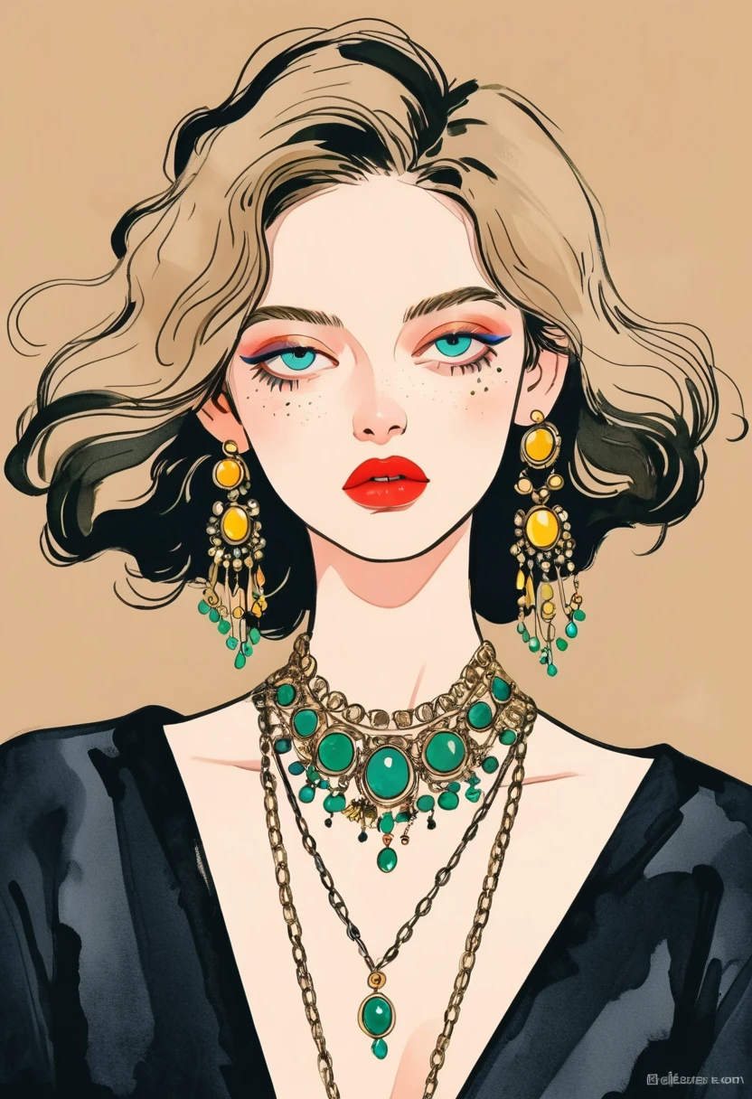 Fashion design sketch:Illustration of lady,Exaggerated jewelry, in style of Digital Illustration, Popular trends on artstration,solitary , Digital drawing, Portrait of Loepfe, Fine Hair, (black line),Illustration style, Digital Illustration, Color Sketch, watercolor Illustration style,