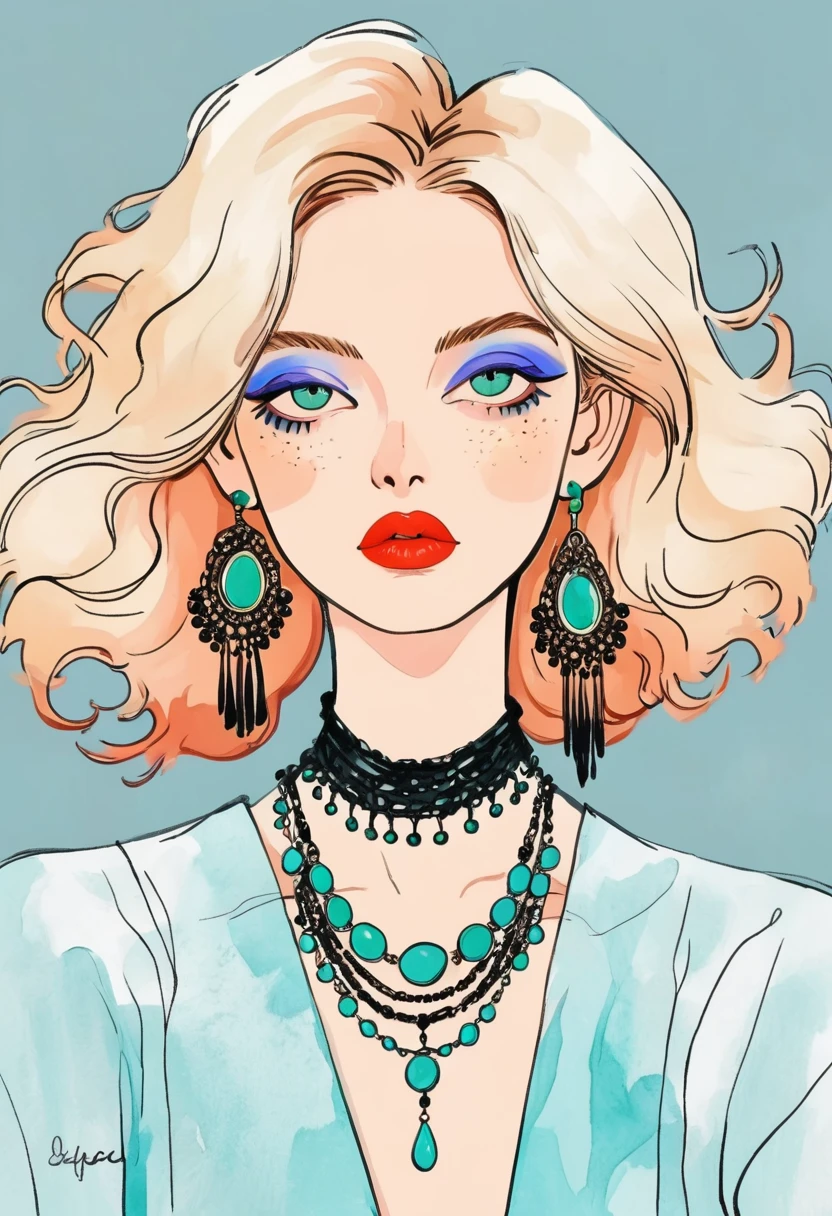 Fashion design sketch：Illustration of lady,Exaggerated jewelry， in style of Digital Illustration, Popular trends on artstration,solitary , Digital drawing, Portrait of Loepfe,  Fine Hair, (black line)，Illustration style, Digital Illustration, Color Sketch, watercolor Illustration style,