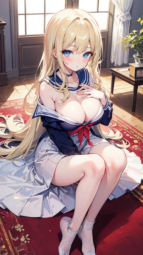 A woman with big ,Lovely daughter,,Light blond long hair,Blue Eyes,clavicle,(Rococo:Sailor Suit|1.2),weak,Sexy,Color,lactation,blush,Bright Light,Sitting on the living room carpet,Show the chest,
