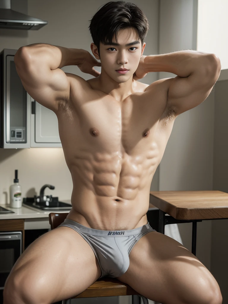 (masterpiece:1.2),18-year-old boy, Asian, Korea, gray , erectiositting on a stool, spread legs, lo, ultra-detailed, realistic, portraits, vibrant colors, studio lighting, lifted arms